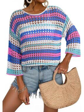 Women's Dark Blue Sleeve Crochet Sweater Hollow Block  Cover Ups Striped Tops
